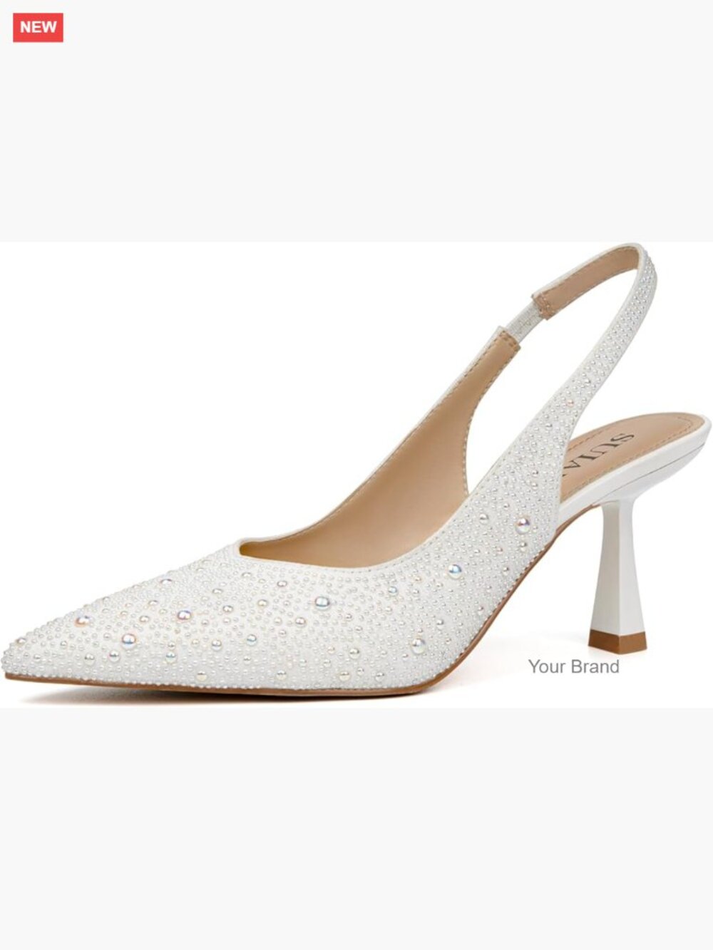 Slingback Kitten Heel Lace Mesh Pointed Toe Pearl Pumps Wedding Shoes